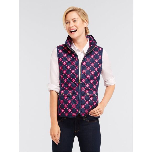 Draper James Size M Quilted Puffer Vest Blue Pink Floral Preppy Casual Layer - Picture 1 of 8